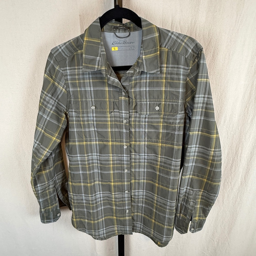 Eddie Bauer Travex Shirt Womens Small Green Yellow Plaid Long Sleeve Hiking Top